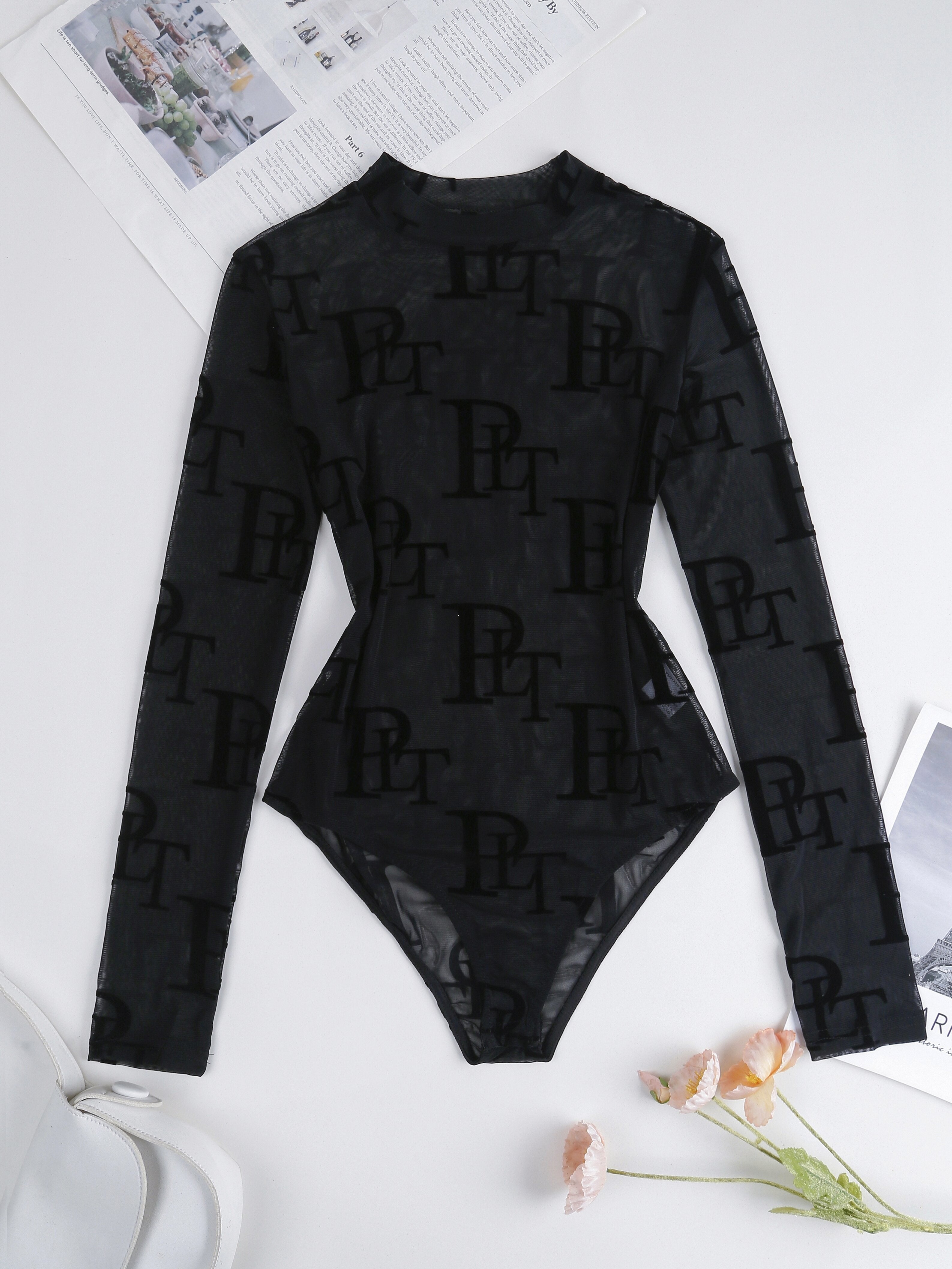 Letter Print Crew Neck Bodysuit, YOUNG Long Sleeve Mesh One Piece Bodysuit, Women's Clothing
